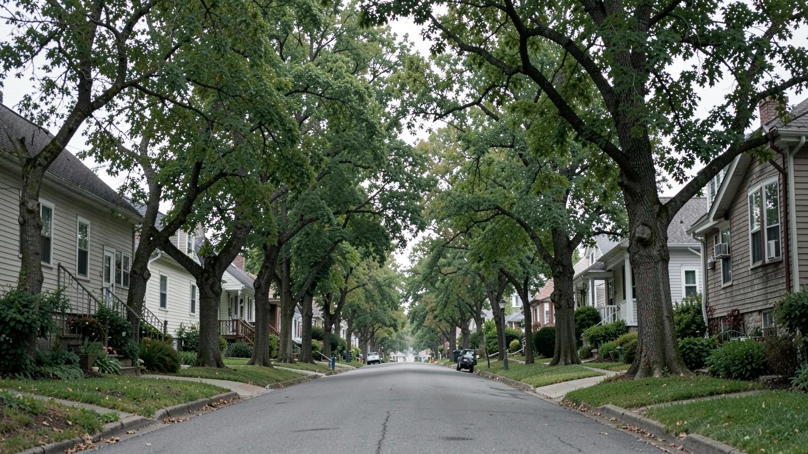 Row of well-kept single-family homes along a tree-lined American street